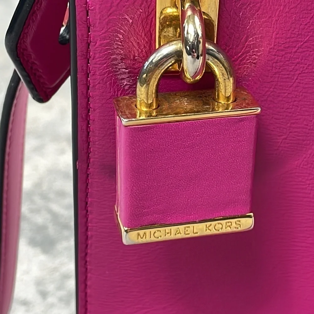 Michael Kors Collection Casey Large Leather Satchel Purse Padlock Bright Pink